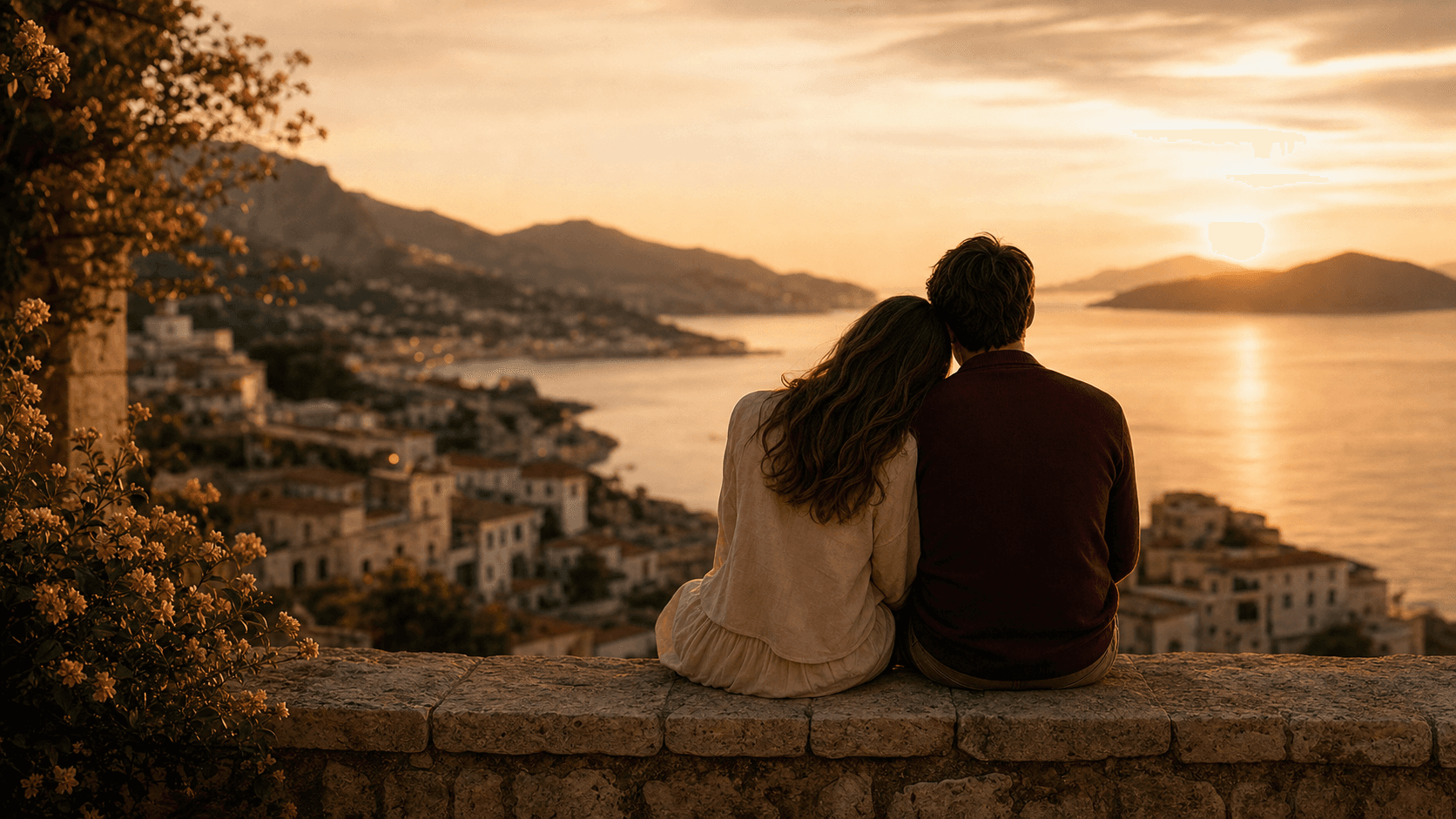 A couple sitting together above a quiet coastline at sunset